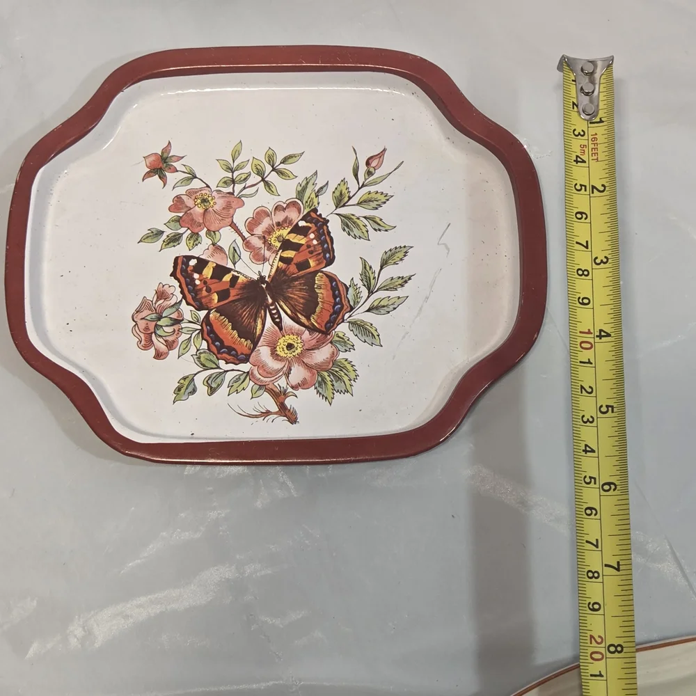 Vintage Floral Tray Set: Ceramic Oval Serving Platter & Metal Butterfly Trinket